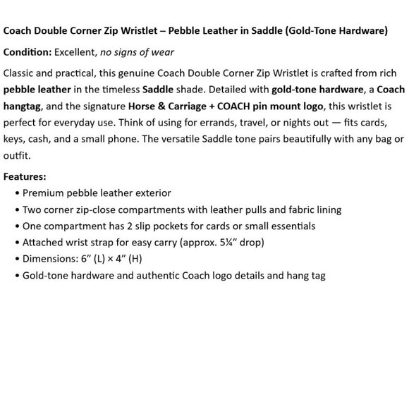 Coach Double Corner Zip Wristlet – Pebble Leather in Saddle - No Callouts - Picture 2 of 6